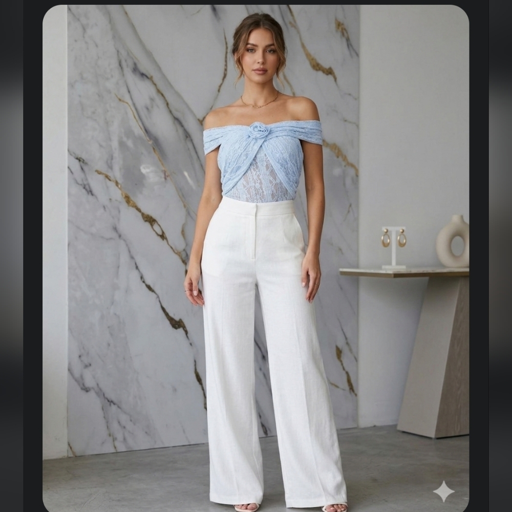 Off-Shoulder Lace Blue With Floral Brooch Top Blouse